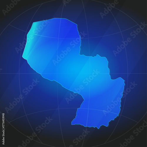 An illustration of Paraguay map silhouette with glowing blue color gradient and surrounded by grid globe. Suitable for design element, background, or infographic.