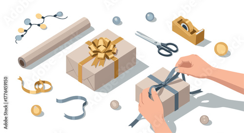 Art of gift wrapping creative package decoration with ribbons and bows