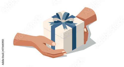 Hands exchanging a gift with blue ribbon in minimalist 3d style