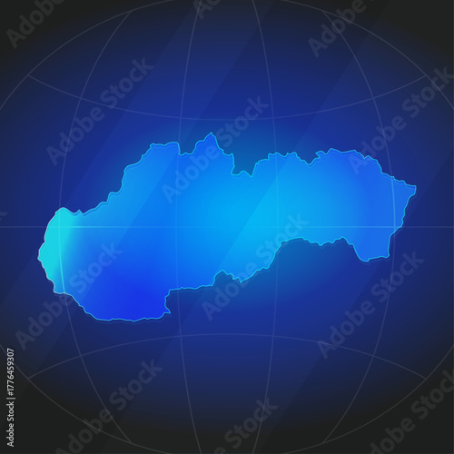 An illustration of Slovakia map silhouette with glowing blue color gradient and surrounded by grid globe. Suitable for design element, background, or infographic.