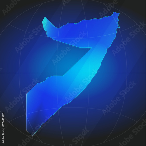 An illustration of Somalia map silhouette with glowing blue color gradient and surrounded by grid globe. Suitable for design element, background, or infographic.