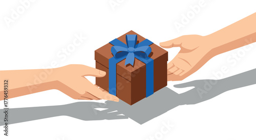 Exchanging gift box with blue ribbon in isometric style