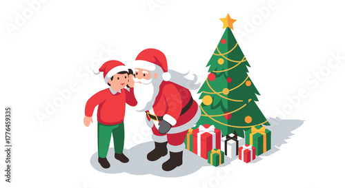 Santa and child whispering by christmas tree with gifts in festive holiday scene