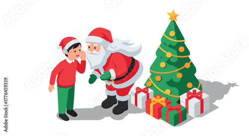 Isometric santa secret with child near christmas tree and gifts
