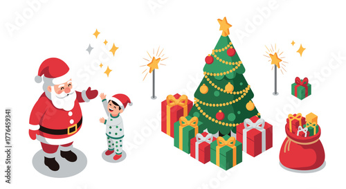 Festive santa and child highfive with christmas tree and gifts in isometric style
