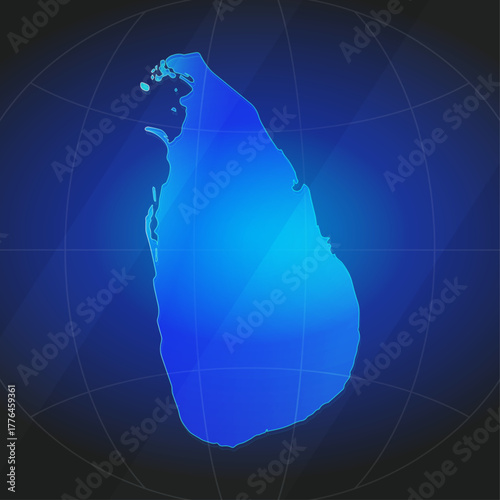 An illustration of Sri Lanka map silhouette with glowing blue color gradient and surrounded by grid globe. Suitable for design element, background, or infographic.