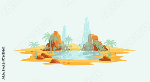 Desert Oasis with Palm Trees and Rocky Formations.