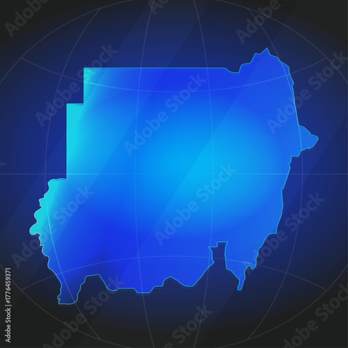 An illustration of Sudan map silhouette with glowing blue color gradient and surrounded by grid globe. Suitable for design element, background, or infographic.