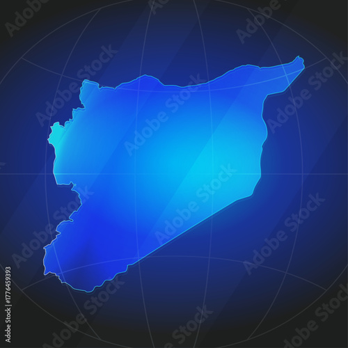 An illustration of Syria map silhouette with glowing blue color gradient and surrounded by grid globe. Suitable for design element, background, or infographic.