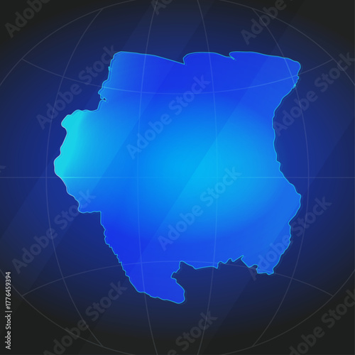 An illustration of Suriname map silhouette with glowing blue color gradient and surrounded by grid globe. Suitable for design element, background, or infographic.