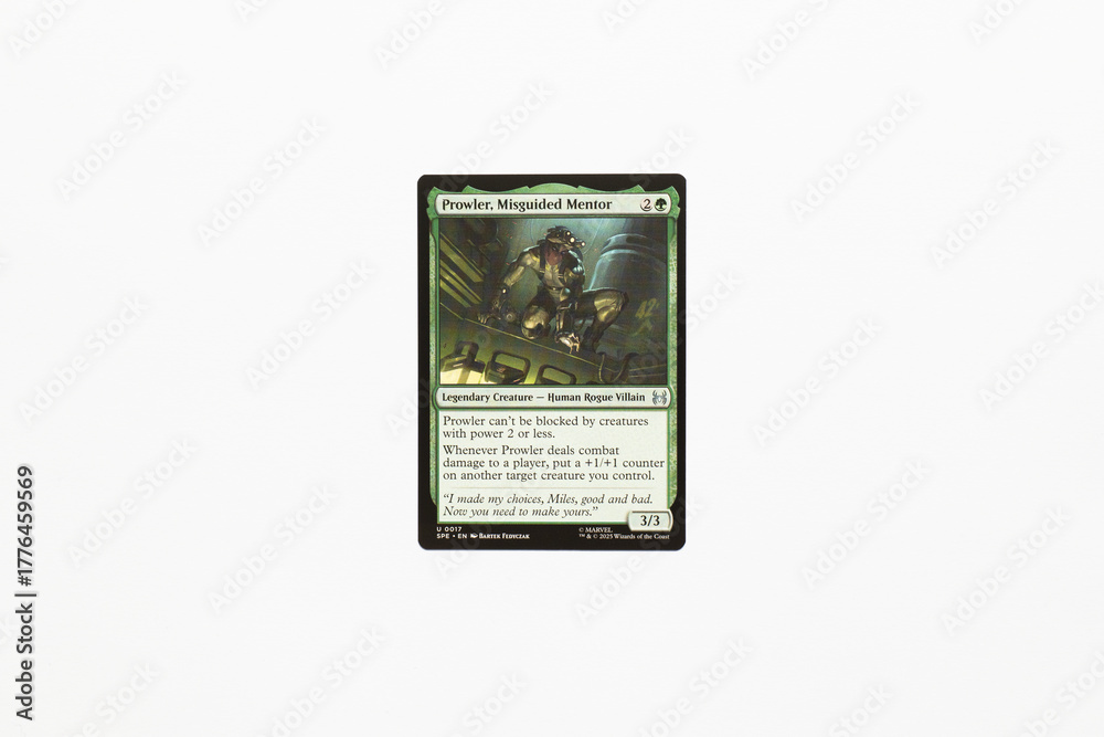 Naklejka premium Bradford, UK Nov 3 2025 Prowler Misguided Mentor card from Spider-man magic the gathering shot isolated on a white paper background.