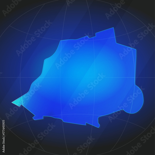 An illustration of Vatican map silhouette with glowing blue color gradient and surrounded by grid globe. Suitable for design element, background, or infographic.