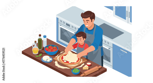Father and son cooking pizza in modern kitchen