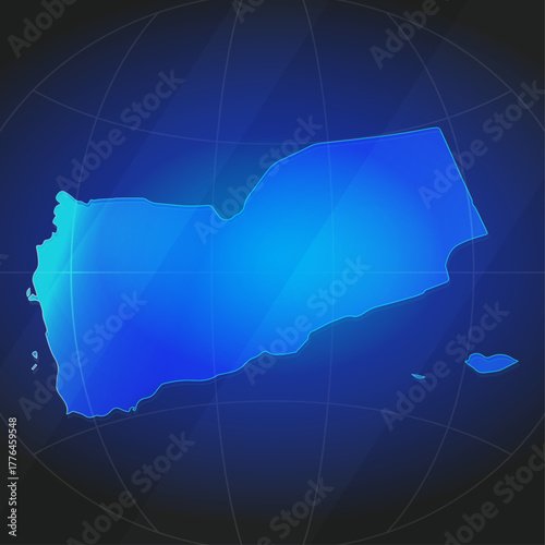 An illustration of Yemen map silhouette with glowing blue color gradient and surrounded by grid globe. Suitable for design element, background, or infographic.