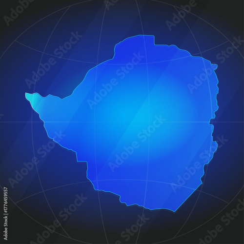 An illustration of Zimbabwe map silhouette with glowing blue color gradient and surrounded by grid globe. Suitable for design element, background, or infographic.