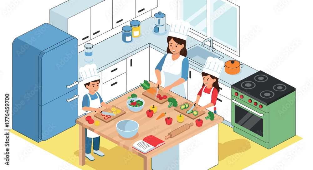 Obraz premium Family cooking together in modern kitchen isometric style