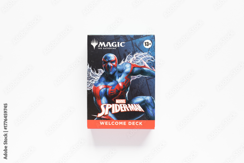 Naklejka premium Bradford, UK Nov 3 2025 Spider-man magic the gathering card game welcome pack shot isolated on a white paper background.