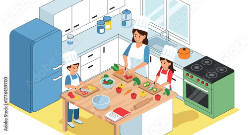 Family cooking together in modern kitchen isometric style