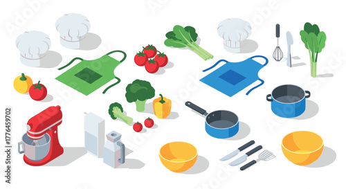 Isometric kitchen elements with appliances and vegetables