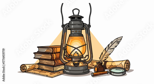 Antique lantern with books and scrolls