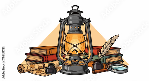 Antique lantern with books and old map study setup