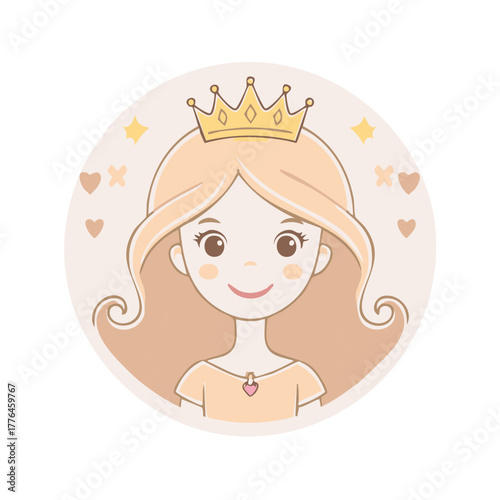 Cute Princess Portrait Smiling With Crown And Hearts Cartoon Character Illustration