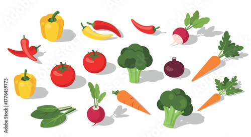 Isometric fresh vegetables collection with peppers, tomatoes, broccoli, and carrots