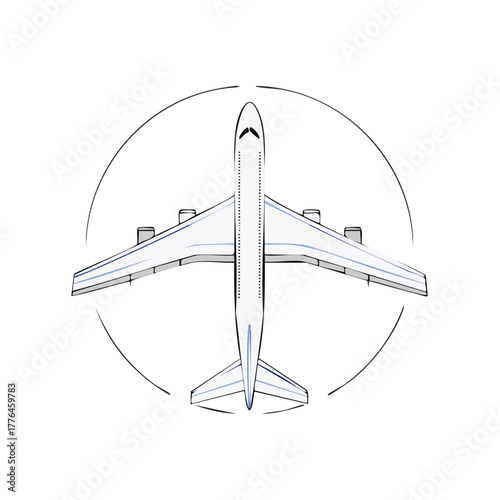 Top View of a Commercial Jet Airplane with Wings Extended Overhead Illustration