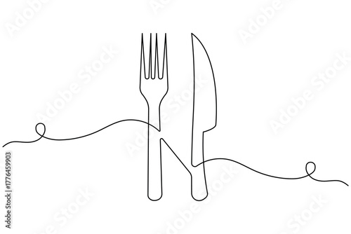 Elegant one line cutlery illustration featuring a fork and knife, ideal for minimalist kitchen and dining concepts