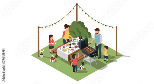 Family outdoor barbecue scene with grilling and festive atmosphere