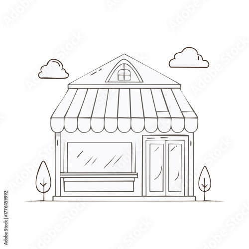 Charming small shop building simple line art with a striped awning display window entrance door fluffy clouds and trees