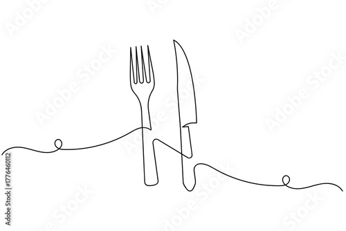 Elegant one line cutlery illustration featuring a fork and knife, ideal for minimalist kitchen and dining concepts