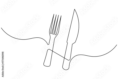 Elegant one line cutlery illustration featuring a fork and knife, ideal for minimalist kitchen and dining concepts