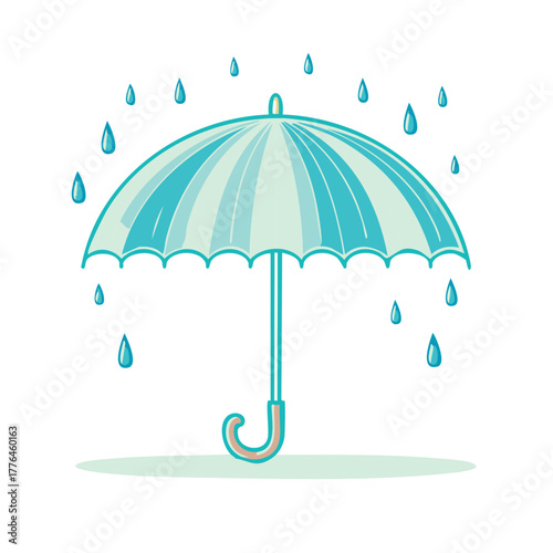 Whimsical cartoon illustration of an open blue umbrella protecting from falling raindrops during a rainy day