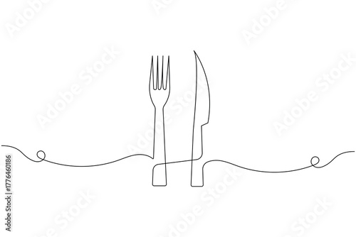 Elegant one line cutlery illustration featuring a fork and knife, ideal for minimalist kitchen and dining concepts