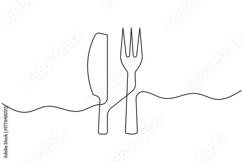 Elegant one line cutlery illustration featuring a fork and knife, ideal for minimalist kitchen and dining concepts