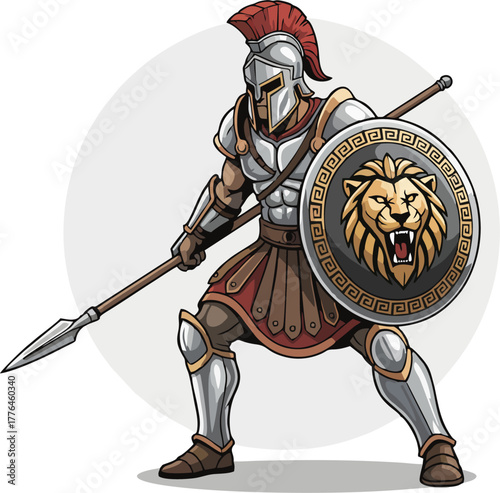 Spartan Warrior with Lion Shield Vector Illustration – Ancient Greek Soldier in Helmet with Spear and Animal Emblem for CorelDraw Tracing