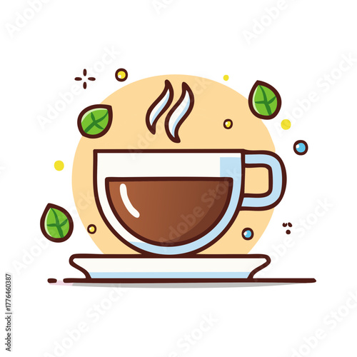 Cute cartoon illustration of a steaming cup of hot tea with fresh mint leaves