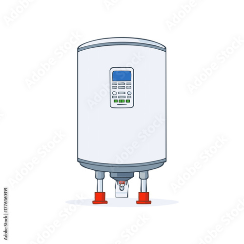 White Electric Water Heater Appliance with Digital Display and Plumbing Illustration