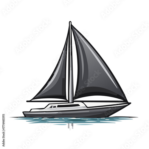 Stylized illustration of a modern sailboat with black sails sailing on the water