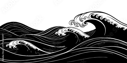Dark rolling waves with curling white foam sweep across the scene, bold lines and high contrast capturing powerful motion in a dramatic ocean illustration.