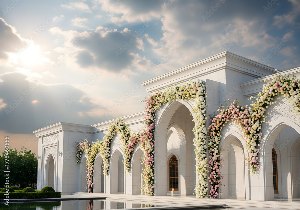 Fototapeta premium Elegant White Building Exterior with Floral Arches, Reflecting Pool, Cloudy Sky and Sunlight.