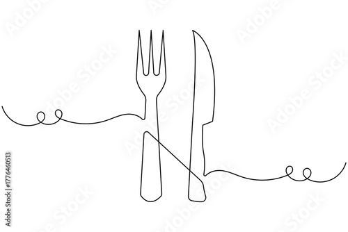 Elegant one line cutlery illustration featuring a fork and knife, ideal for minimalist kitchen and dining concepts