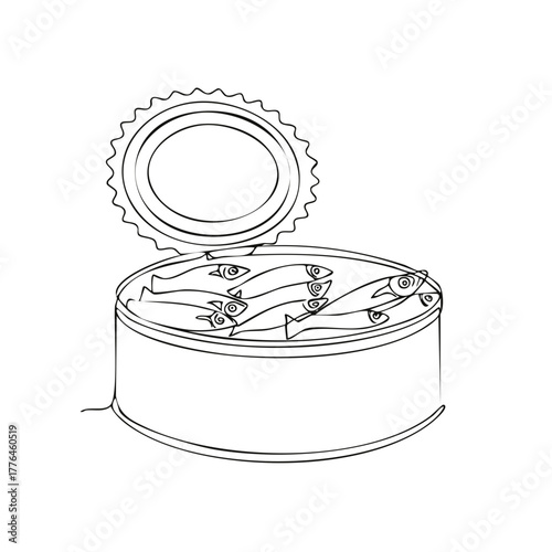 Drawn Outline of Open Sardine Can with Fish Inside, Seafood Illustration for Coloring Book and Creative Projects