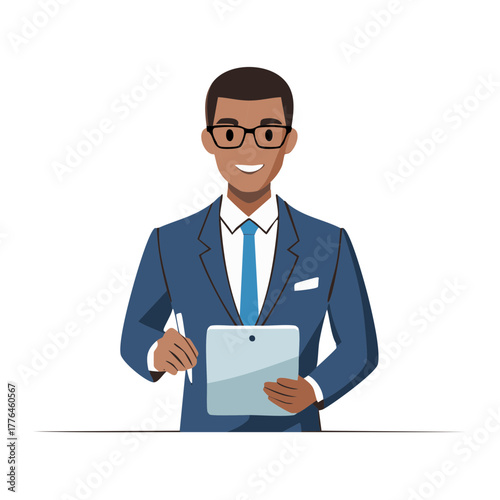 Smiling African American businessman in suit and glasses holding a digital tablet and stylus