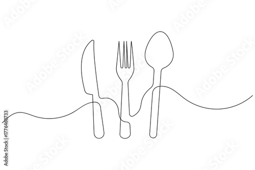 Elegant one line cutlery illustration featuring a fork and knife, ideal for minimalist kitchen and dining concepts