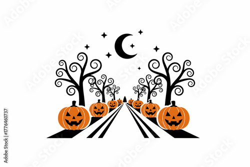 Pumpkin lantern street with spooky trees and night sky, Halloween decoration