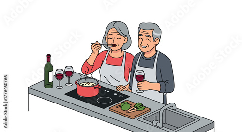 Happy senior couple cooking together in the kitchen with wine