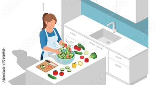 Woman preparing salad in modern kitchen with fresh vegetables