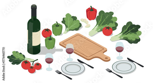 Isometric dining setup with vegetables, wine, and cutlery on white background